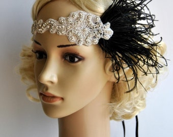 Black Feathers 1920s Rhinestone Headpiece,1920's head piece,Flapper headband,1930's,crystal headband, Rhinestone flapper headpiece in black