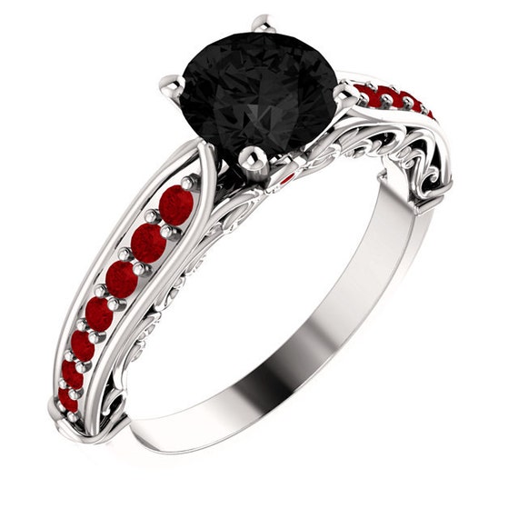 Black Diamond and Ruby Engagement Ring 14k white gold