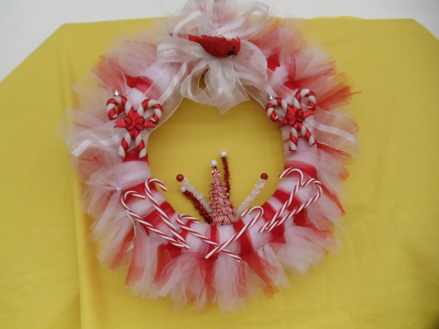 Red and White Candy Cane Tutu Christmas Wreath