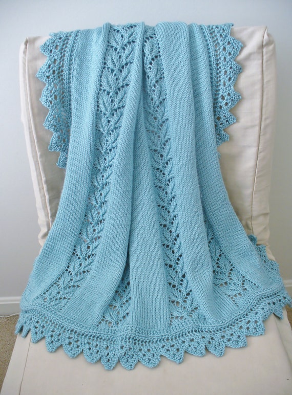 Hand Knit Lace Panel Baby Blanket 100% of by SwaddlesForSmiles