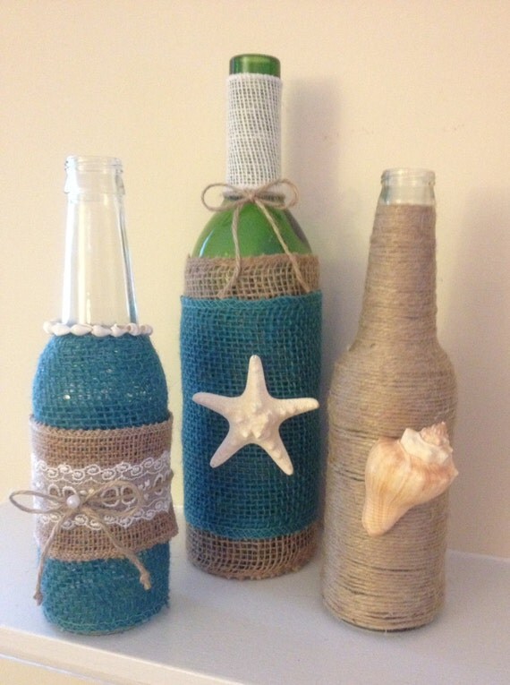 Items similar to SET of 3 Upcycled Wine Bottle Centerpieces with burlap ...