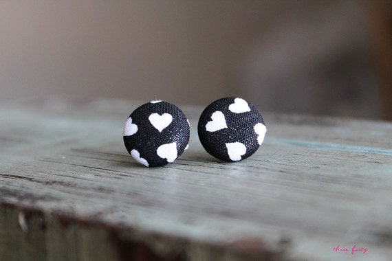 Black and White Heart Earrings / Heart Studs / Heart Fabric Button Earrings / Modern Jewelry