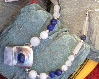 19" blue Lapis & Rainbow Moonstone Pendant Necklace, Etched Sterling Silver, free US ship 139.00