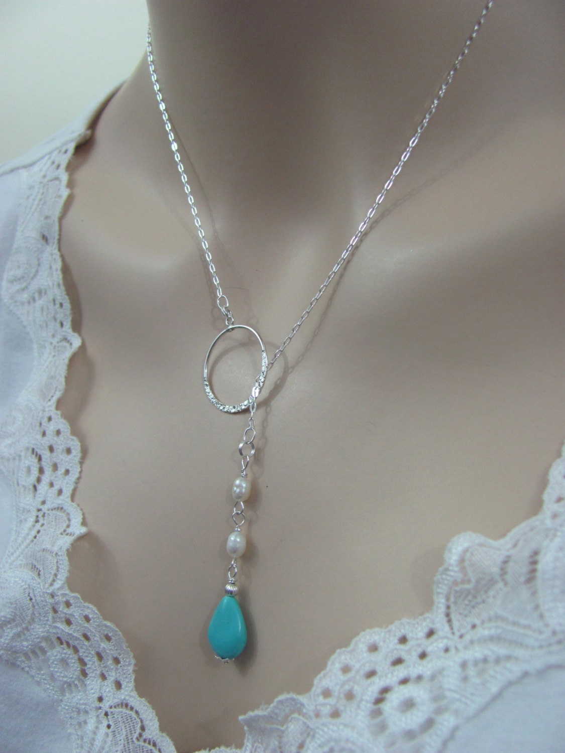 Turquoise Lariat Necklace With Pearls In Sterling Silver 