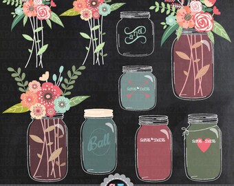 Chalkboard Mason jar Clipart "WEDDING MASON JAR" clip art pack, Vintage Flowers, Hand Draw, Wedding Flora, Mason Jar Instant Download Wf027