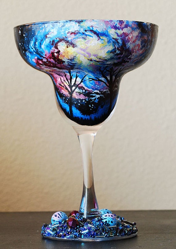 Galaxy Forest Landscape Hand Painted Margarita Glass