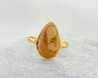 Brecciated Mookaite Beautiful Pear 10x14mm Micron Gold Plated 925 Sterling Silver Bezel Ring - #1134