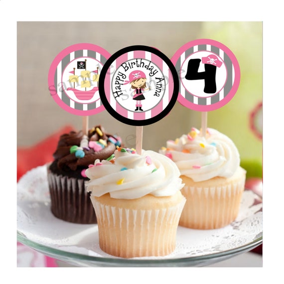 Girl Pirate Birthday Party Cupcake Toppers Printable File