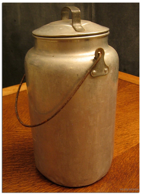 Vintage Metal Milk Pail with Swing Handle and Lid by NOWHEREgoods