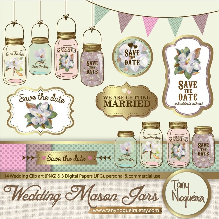 Magnolia clip art Wedding Mason Jars save the date by