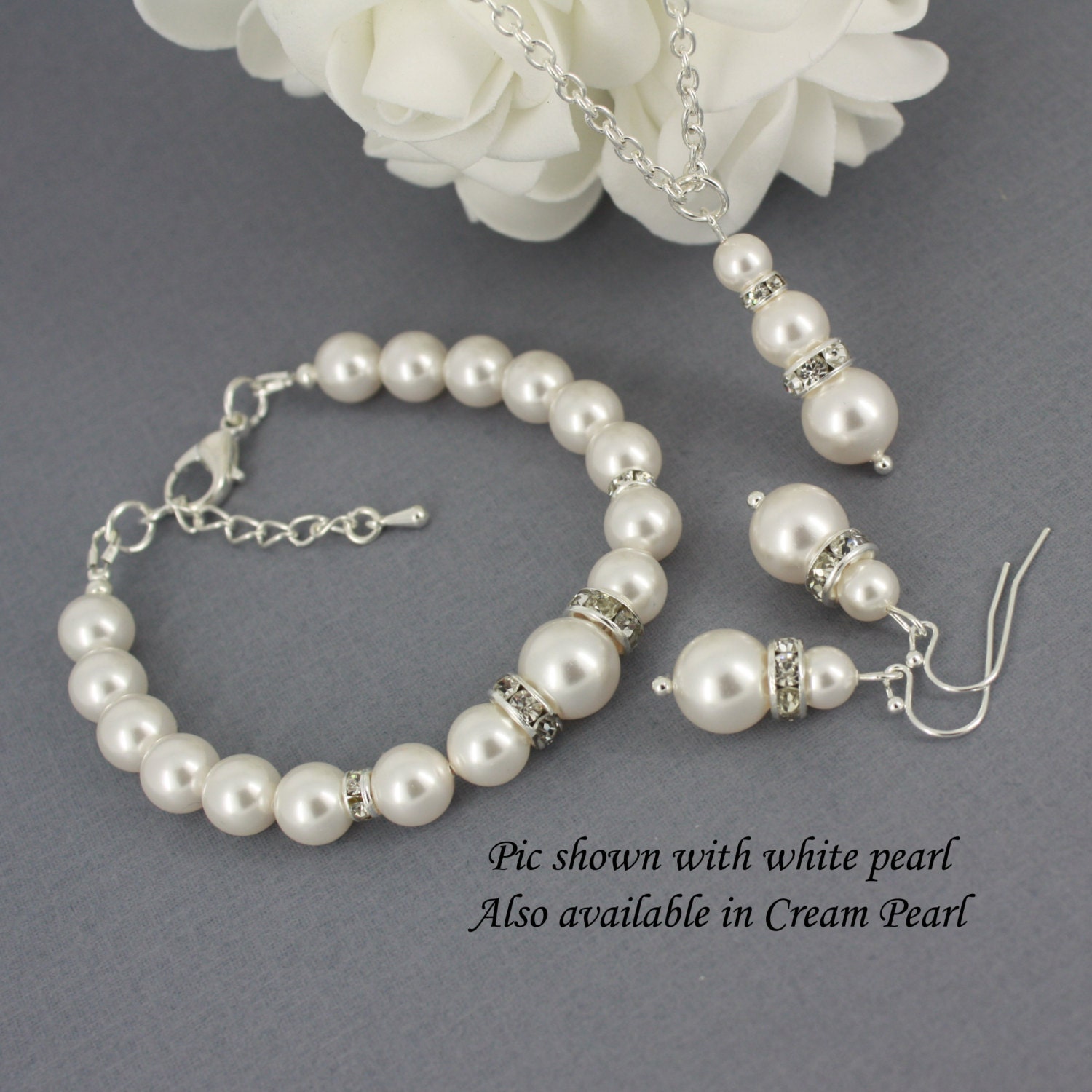 Pearl Jewelry Set Swarovski Necklace Bracelet and Earrings