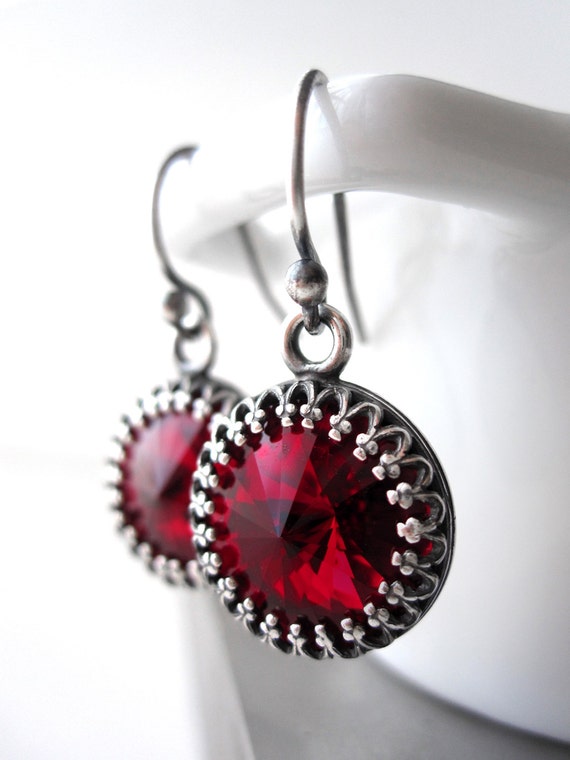 Deep Red Crystal Earrings Swarovski Siam Rivoli by ShySiren