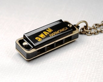 Harmonica Necklace Miniature 3D small Black Gold brass metal playable Pendant Harmonica Necklace on an antiqued brass chain