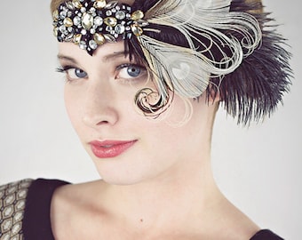 Party Girl Peacock Feather Flapper Headband Black And Champagne