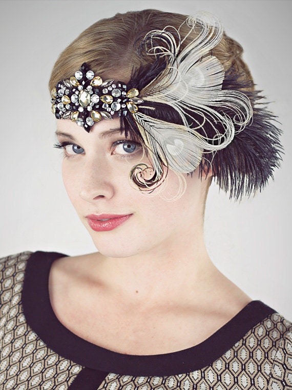 Party Girl Peacock Feather Flapper Headband Black And