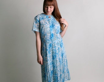 Vintage 1960s Dress - Sky Blue Floral Garden Button Dress - XL