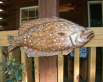 Halibut 27" chainsaw wooden fish taxidermy carving realistic sealed indoor outdoor wall art beach cottage one of a kind Todd Lynd sculpture