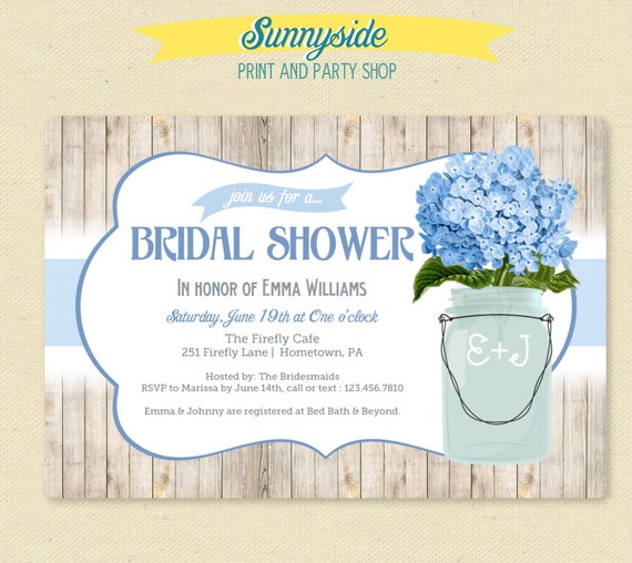 Blue Hydrangeas Rustic Mason Jar Bridal Shower Invite - Printable Wood Floral Invitation Il_570xn