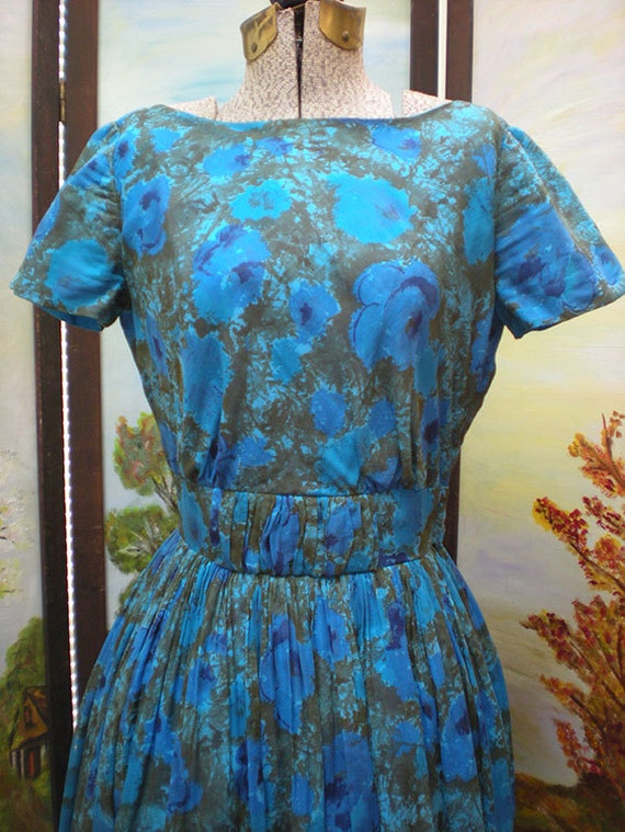 SALE Vintage 1950's Turquoise Paula Brooks Original Blue Floral Dress ...