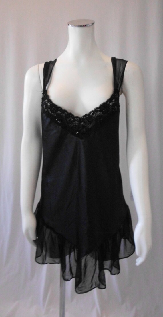 Vintage Black Baby Doll Nighty. made in USA lace sequins