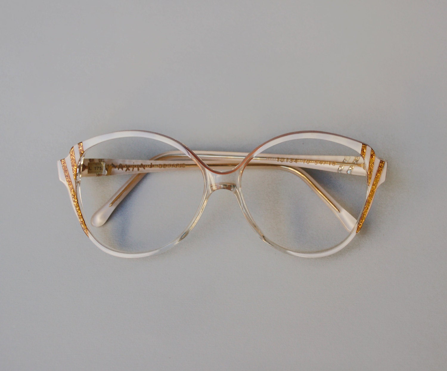 Vintage french frame / gold sparkly glitter eyeglasses / white