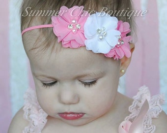 Headband, Baby Headband, Infant Headband, Newborn Headband - Pink and White Headband Chiffon and Pearls Flower Headband