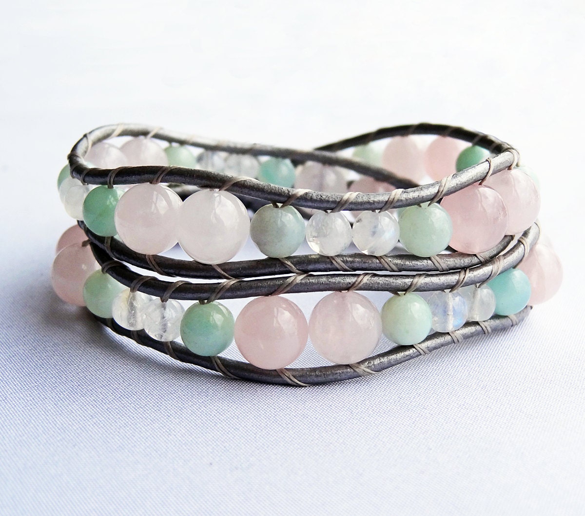 Leather Wrap Bracelet Rose Quartz Bracelet Amazonite