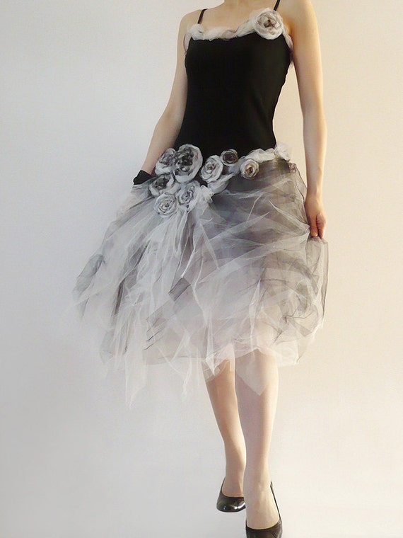 Prom Dress Black White Rose Tulle Tattered Ruffled by Zollection