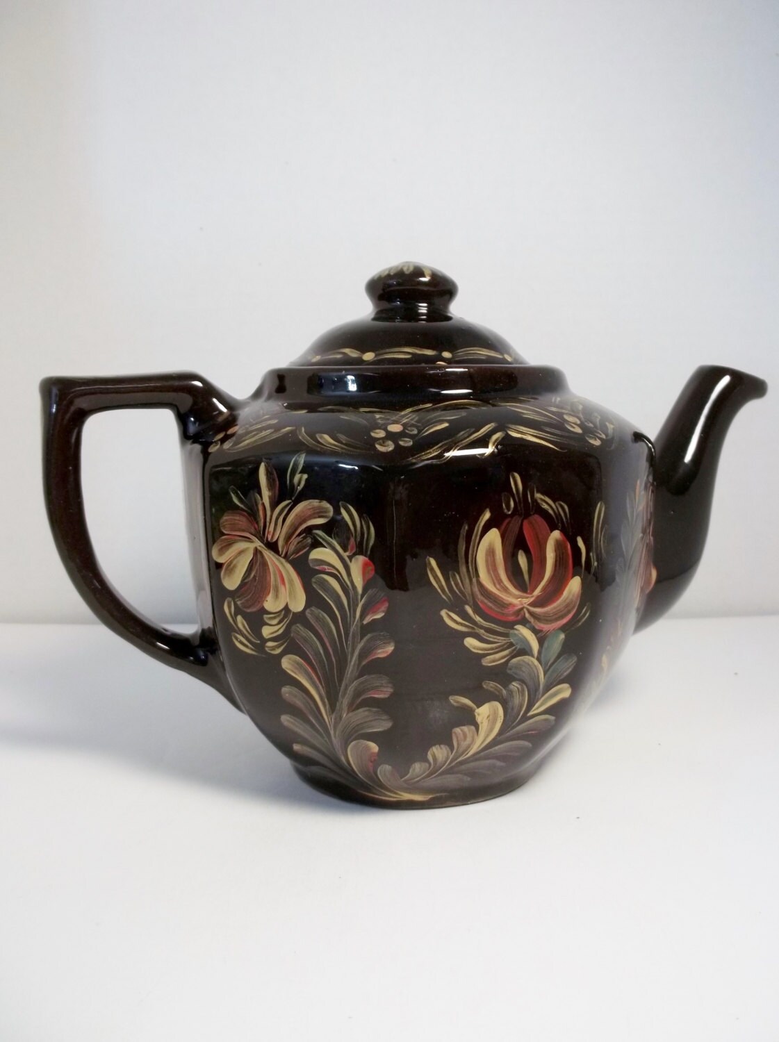 A Vintage Black Stoneware Tea Pot Hand Painted Original Design