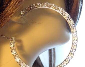 LARGE Hoop Earrings 3 inch Vintage Hoops Lined Hoop Earrings Rhodium Silver