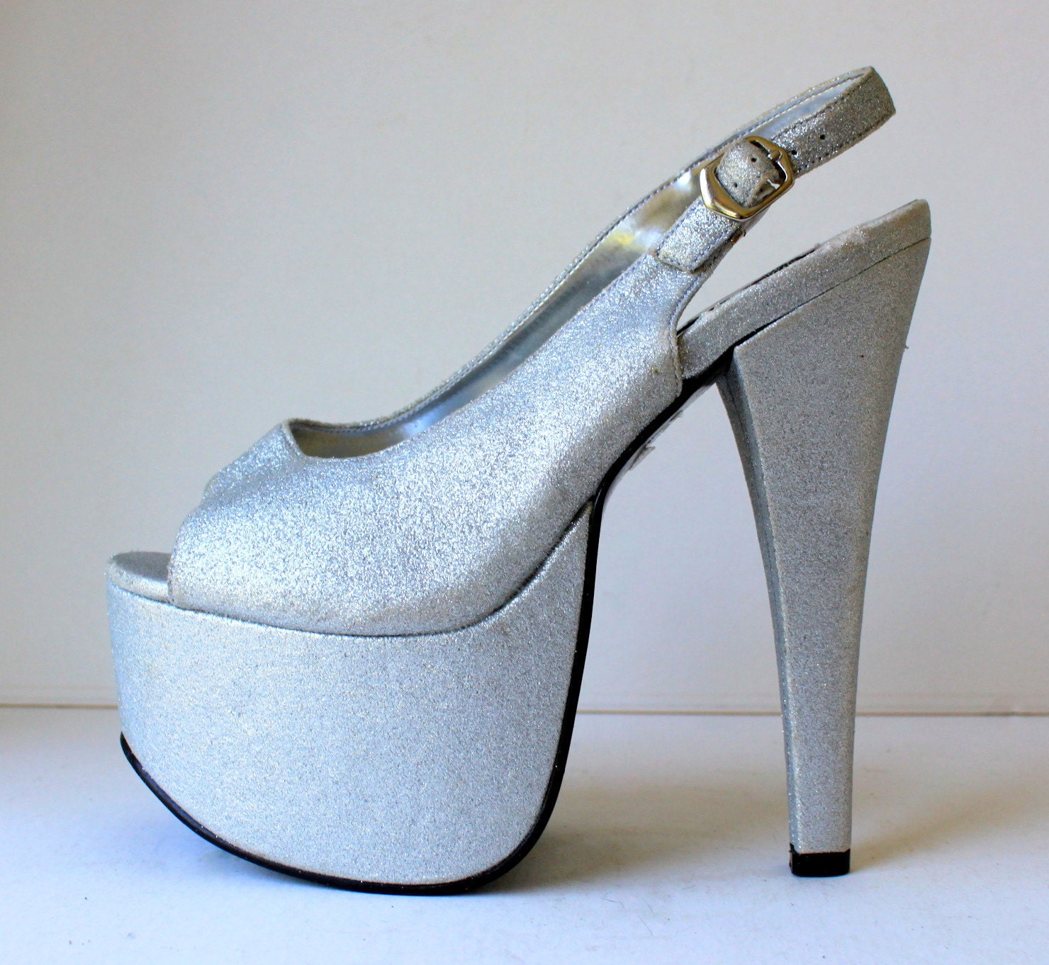 90’s Silver Glitter Club Kid Platform Rave Stiletto Slingback Heels ...