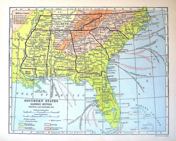 1920 Map of US States Southern States Eastern Section