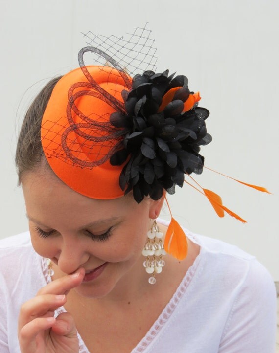 Wedding fascinator orange black flower wedding hat black