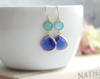 Cobalt Blue, Opal Blue Turquoise Blue Glass Framed Jewel French Drop Dangle Earring Bridesmaid Gift Modern Minimalist Something Blue Wedding