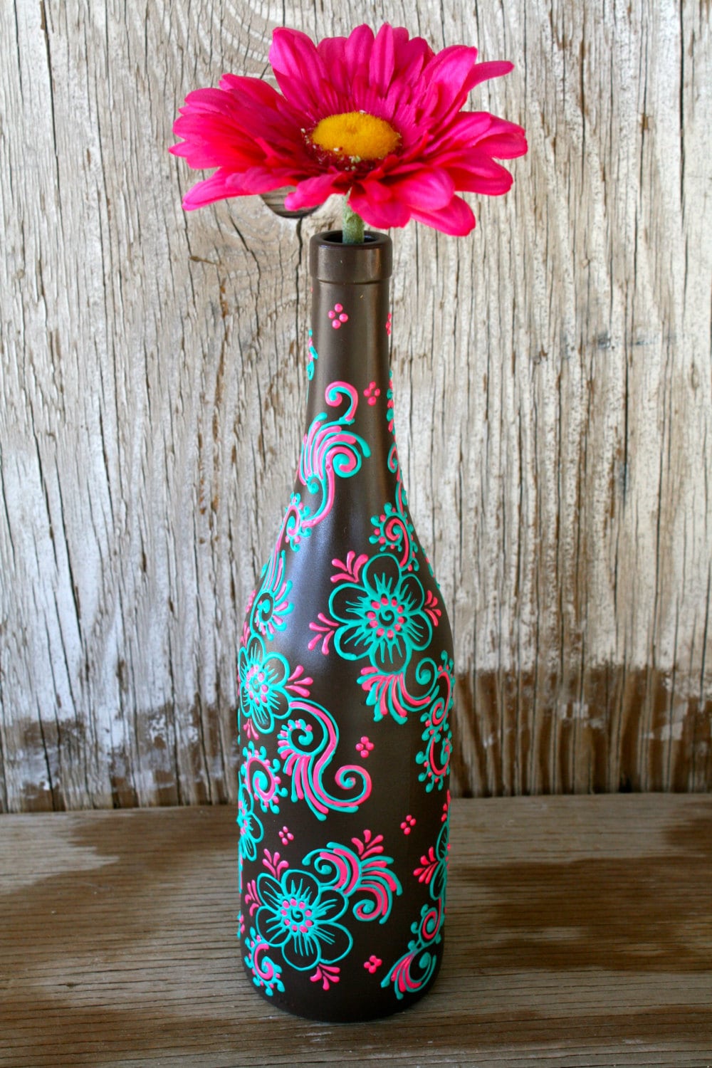 SUMMER SALE Hand Painted Wine bottle Vase Up Cycled
