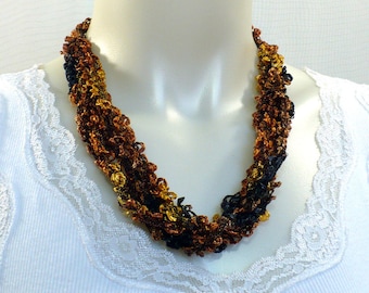 Brown Boucle Ladder Yarn Necklace: Handmade Yarn Necklace, Soft Fiber Necklace, Crochet Jewelry, Vegan Necklace, Ready to Ship