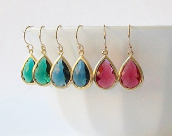Emerald Green Sapphire Blue Ruby Garnet Crystal Drop Earrings Crystal Earrings, Birthstone Jewelry, Sapphire Dangle Earrings