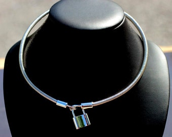 BDSM Day Collar-Sterling Silver - Coiled Choker Collar Necklace - Sterling Silver Padlock Clasp