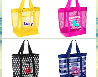 Mesh Personalized Beach Tote HandBags with Clear Pocket - Beach Tote ...