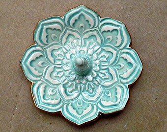 Ceramic Aqua Lotus Ring Holder Bowl gold edged 3 1/4 inches round
