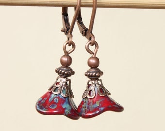 Dark Red Earrings Czech Earrings Dangle Jewelry Flower Earrings Copper Earrings Boho Chic Earrings Jewelry Gift Ideas Gift For Her
