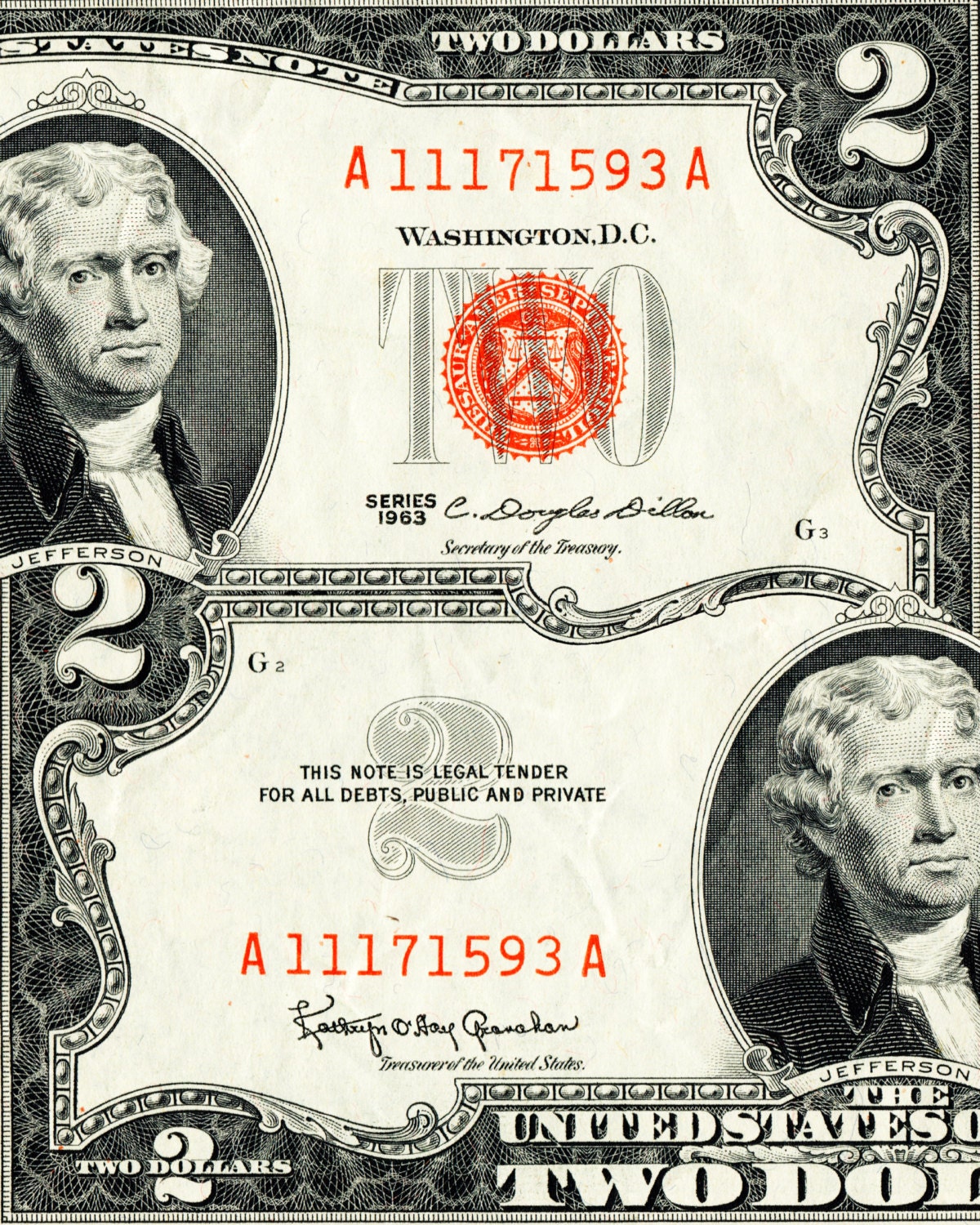 Red Seal 2 Dollar Bill 1963 Print