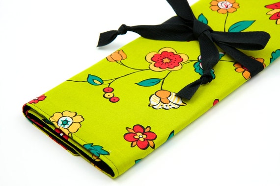 Knitting Needle Case - Garden Folk Art IN STOCK with 30 black pockets for straights, circular, double pointed or paint brushes