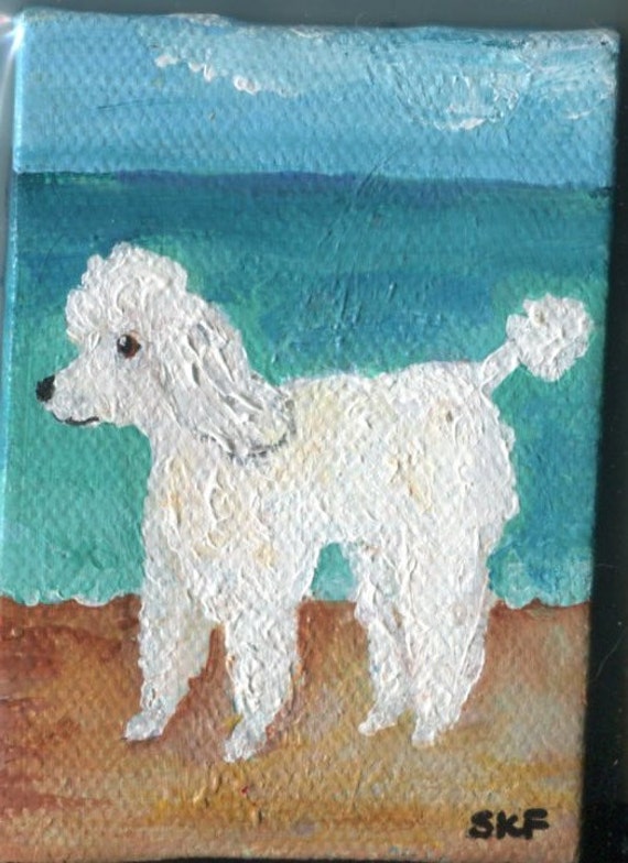 White Poodle Mini Painting on canvas Original Poodle Dog Art