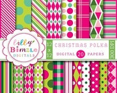 50% off Christmas digital scrapbook papers Christmas Polka hot pink, green, lime, dots, stripes, Instant Download Il_170x135