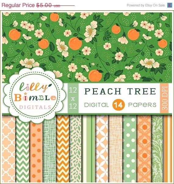 50% off PEACH TREE digital papers for cards, invites, scrapbooking Commercial Use Included Peaches, green, orange, Il_570xn