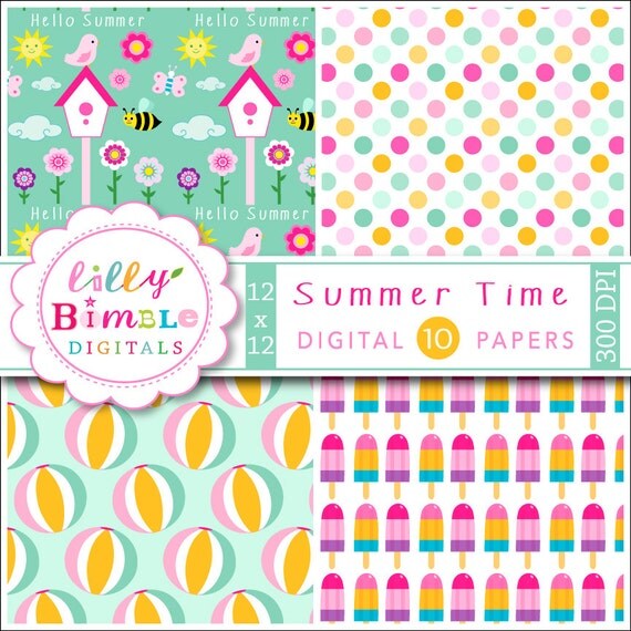 50% off Summer Time digital papers in orange, mint, pink, beach balls, bikes, birdhouses scrapbooking paper INSTANT DOWNLOAD Il_570xn