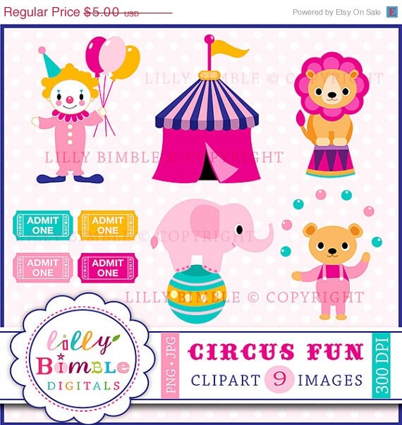 50% off Circus clipart with elephant, clown, tent, juggling bear, lion Instant Download kids birthday Il_570xn