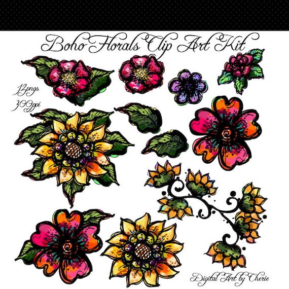 Wedding Clip Art Boho Flowers Bohemian Style Colorful Floral