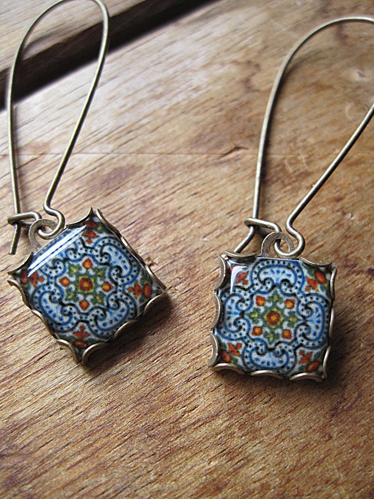 Portuguese tile jewelry Ethnic Iberian dangle earrings